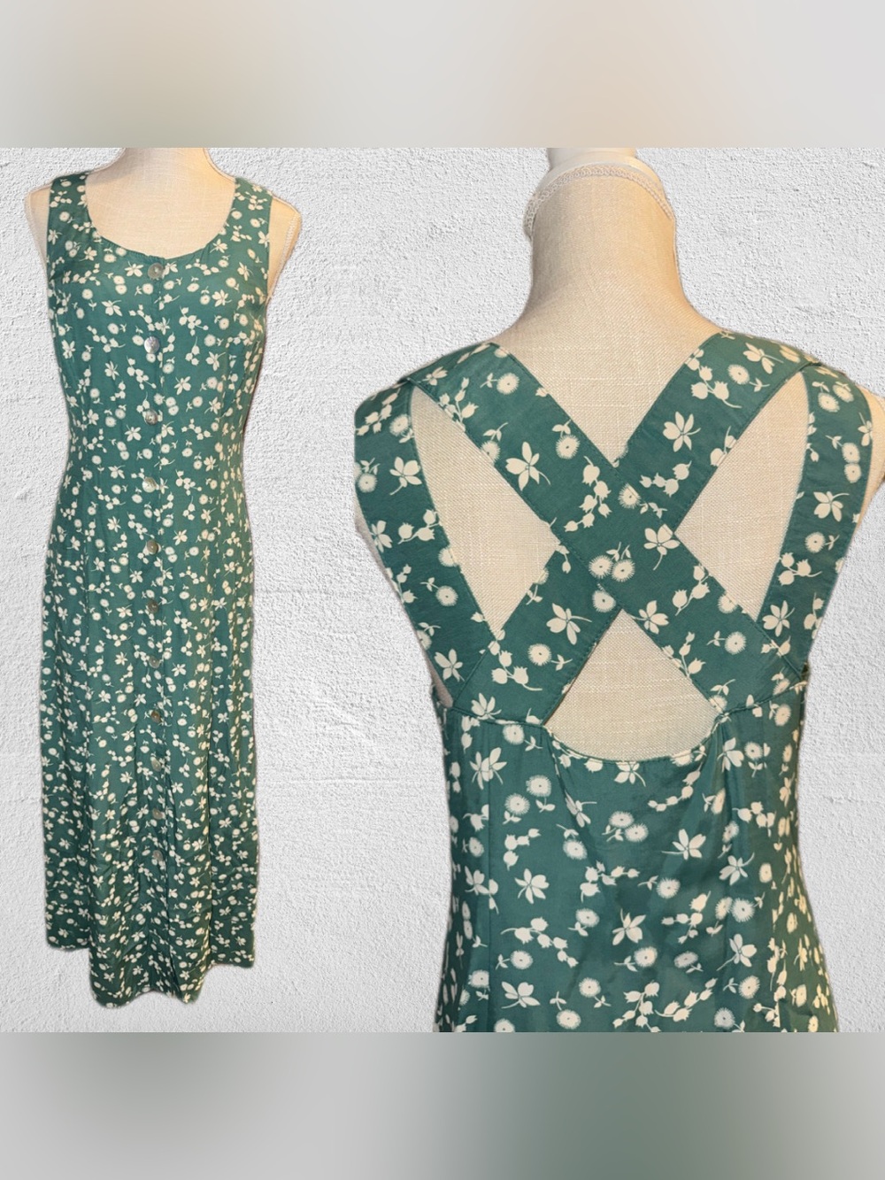 VTG 90s Carol Anderson Sleeveless Dress Green Crisscross Maxi SZ Small Romantic